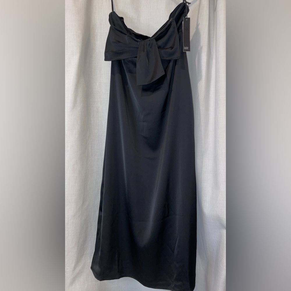 NICOLE MILLER NY long black bow front strapless slit up back sexy dress size 8